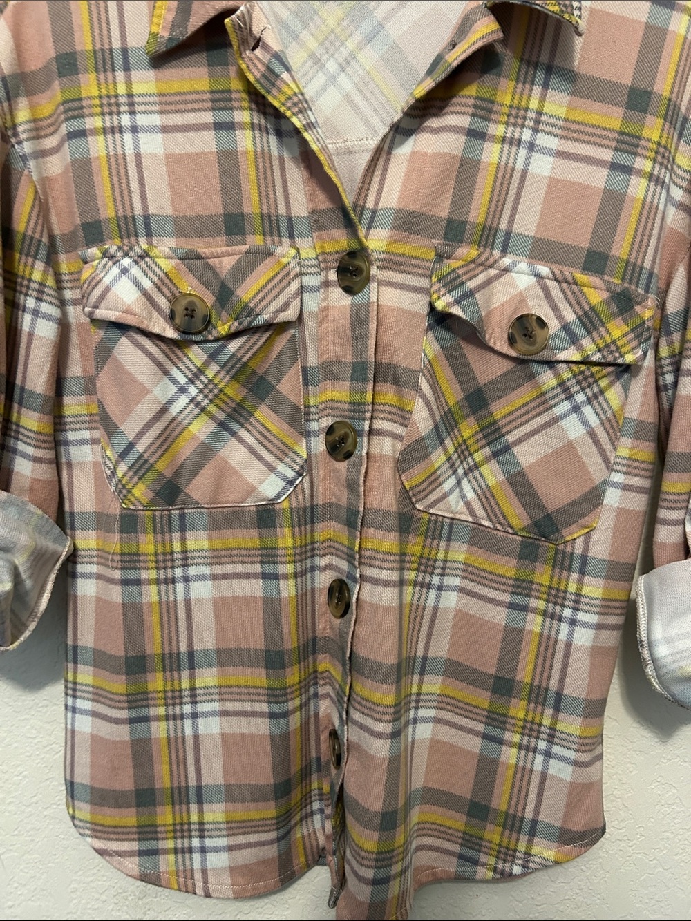 Eden & Olivia Pink Plaid Button-Front Shirt with Mustard Accents - Medium - Picture 4 of 9